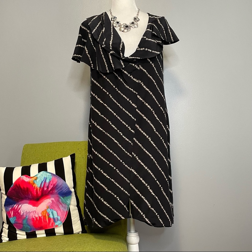 BCBGMaxazria Black Cream Striped Silk Asymmetrical Ruffle Shift Dress Small
